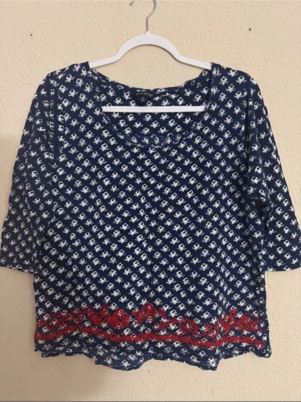 Navy Patterned V-Neck Blouse with Red Embroidered Hem - Picture 1 of 3